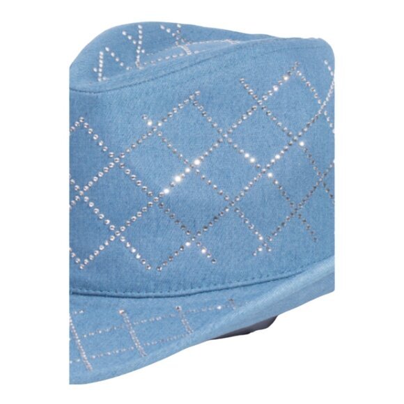 Rhinestone‎ Diamond Pattern Denim Cowboy Fedora Hat Bling - Picture 2 of 5